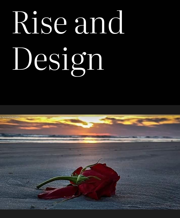 Rise and design is a blog space. Picture shows beach at sunrise with rose in foreground.